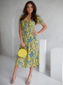 Patterned maxi dress with a tied neckline, yellow 0596 - Online store - Boutique